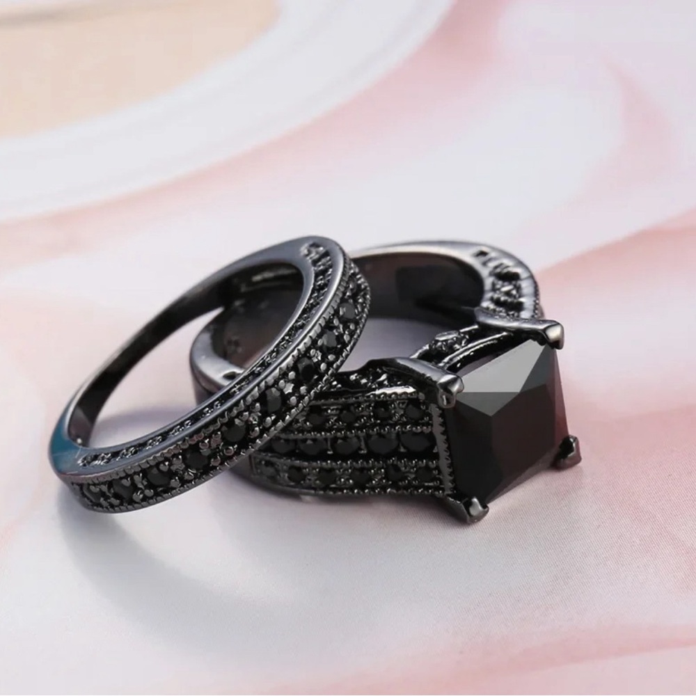 SODROV Vintage Black Gold Plated Black Zircon Jewelry Ring Sets for Women - Picture 2 of 3